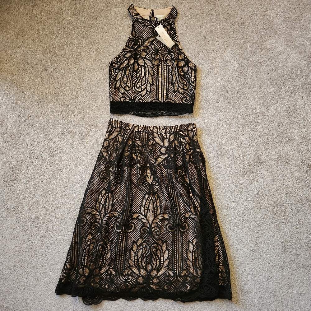 New Francesca's Black Lace Cropped Two-Piece Dress Set XS